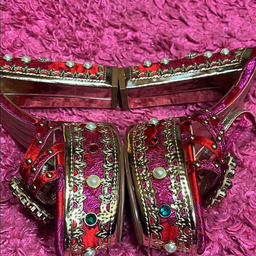 Nordstrom AZALEA WANG - Red Jeweled Platform Sandals w/ Crystal Accents, (SZ.7) - Picture 4 of 12